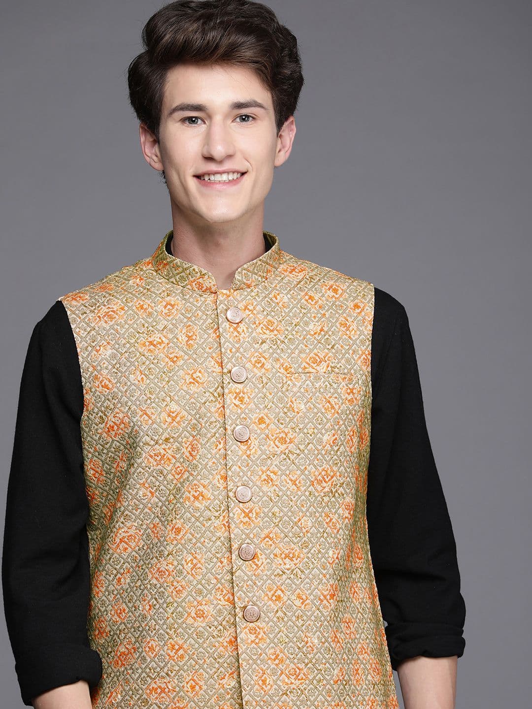 Manyavar Men Beige & Orange Floral Nehru Jacket - view 1