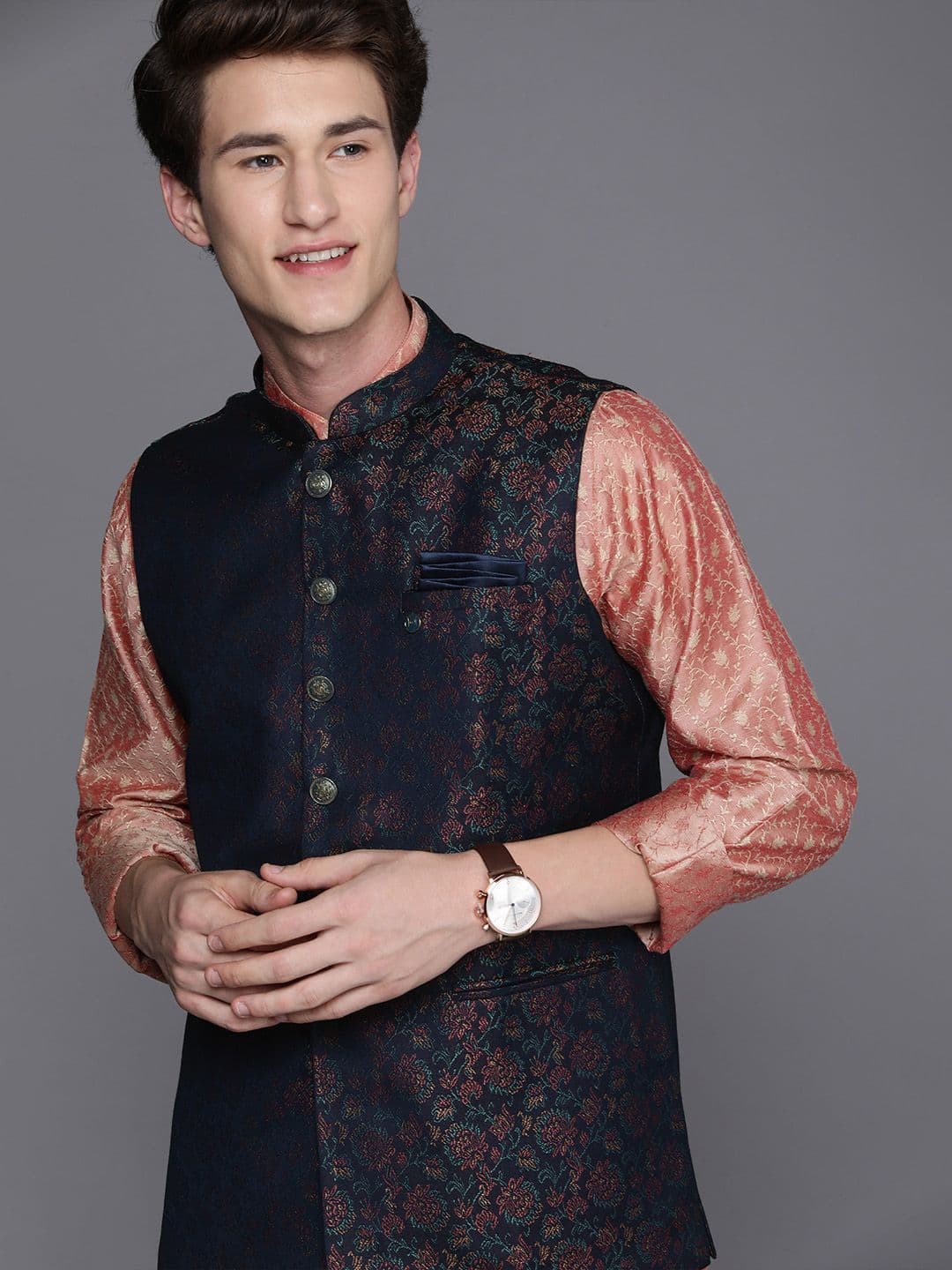 Manyavar Men Navy Blue & Maroon Printed Nehru Jacket - view 1