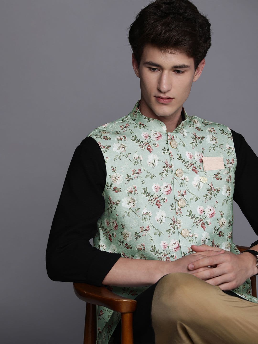 Manyavar Men Green & Red Floral Printed Nehru Jacket - view 1