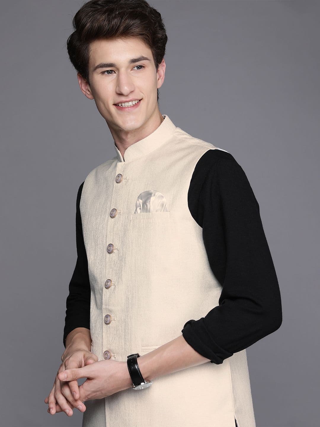 Manyavar Men Off White Solid Nehru Jacket - view 1