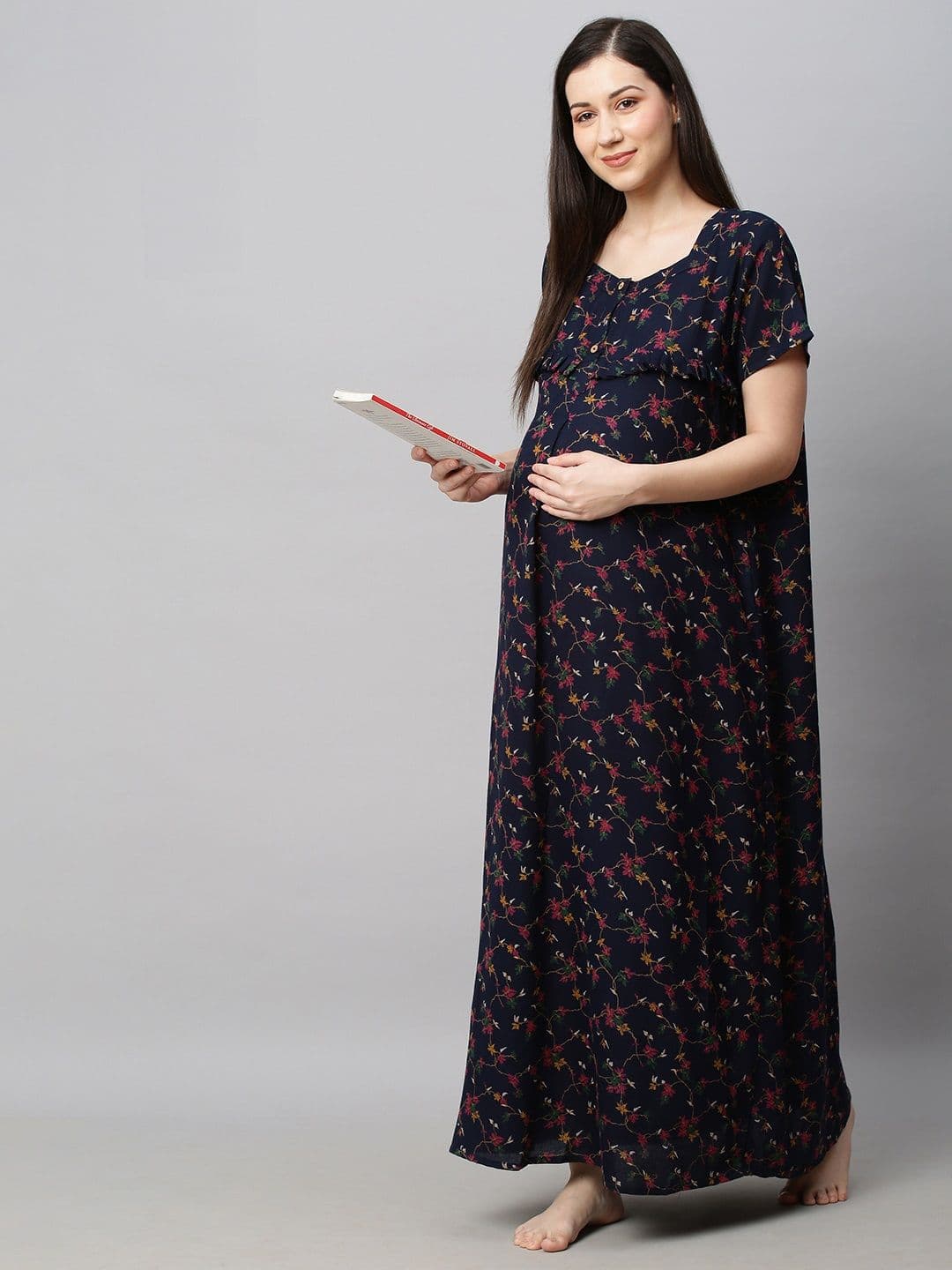 MomToBe Navy Blue Printed Maxi Maternity Sustainable Nightdress - view 1