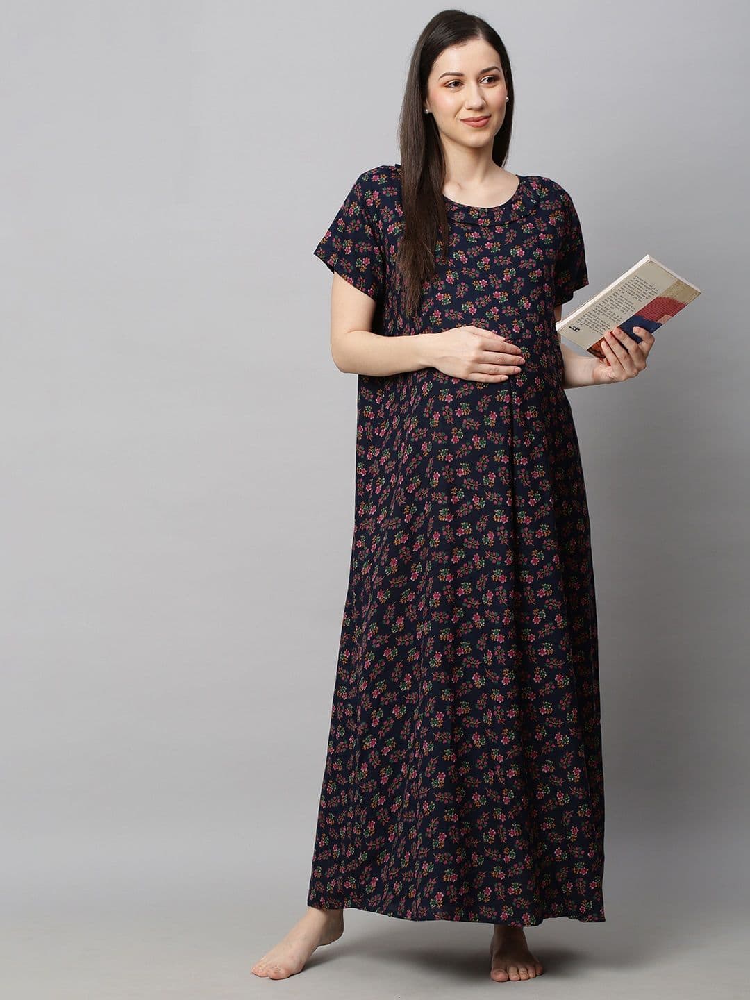 MomToBe Navy Blue Printed Maxi Maternity Nightdress - view 1