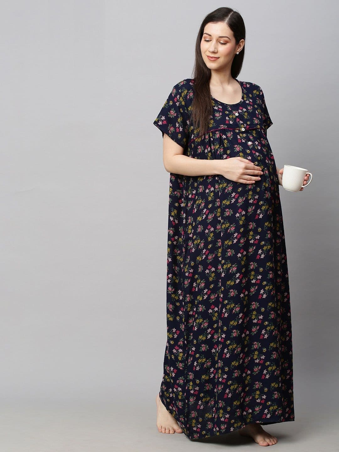 MomToBe Navy Printed Maxi Sustainable Maternity Nightdress - view 1