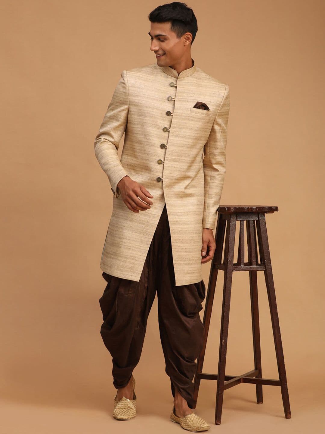 VASTRAMAY Men Beige & Brown Striped Slim Fit Sherwani Set - view 1