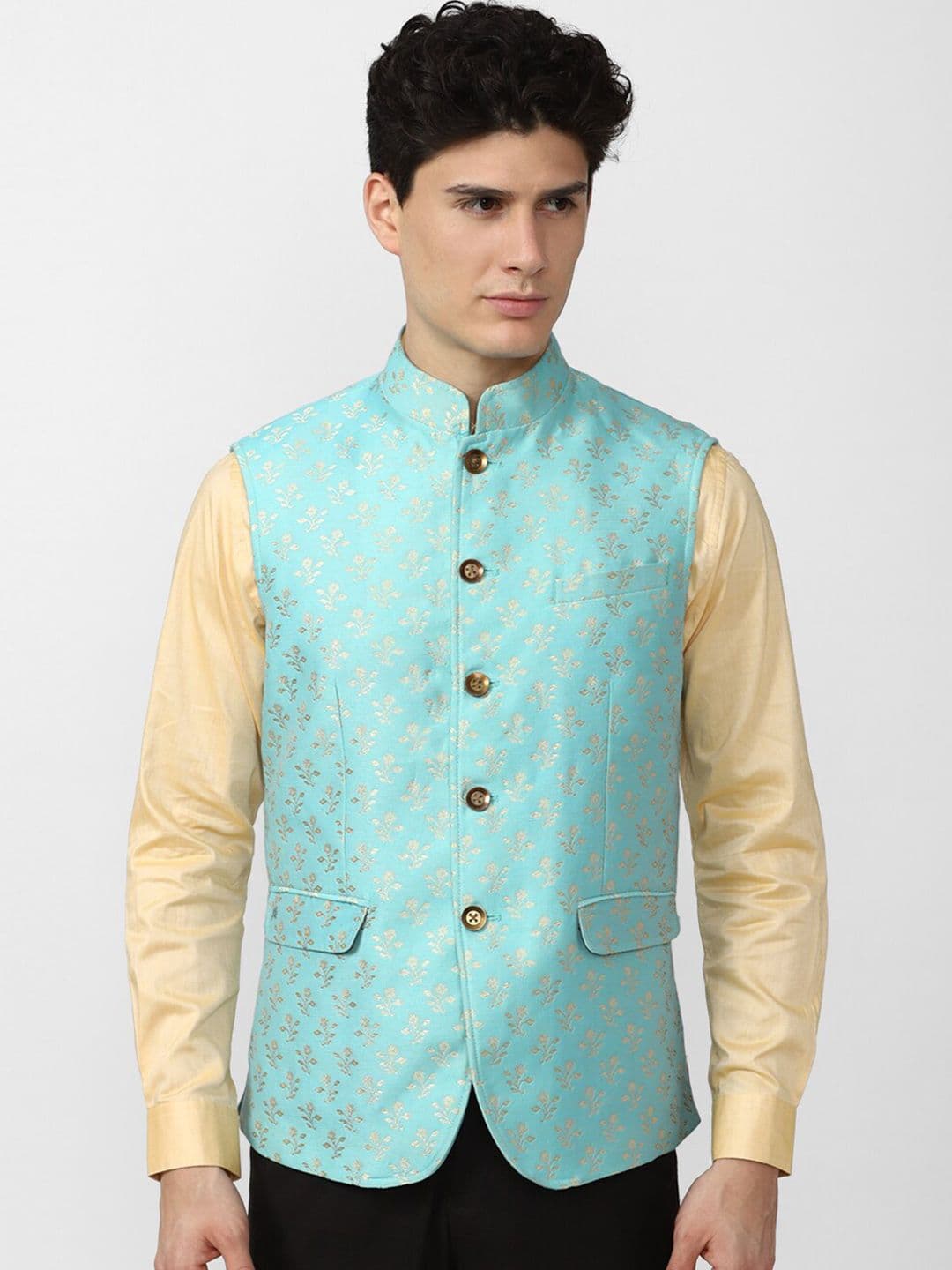 Peter England Elite Men Blue & Gold-Coloured Woven Design Nehru Jacket - view 1