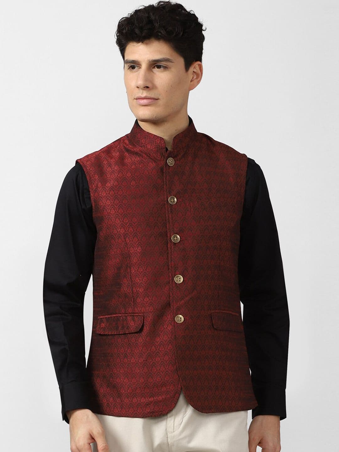 Peter England Elite Men Maroon Printed Nehru Jackets - view 1