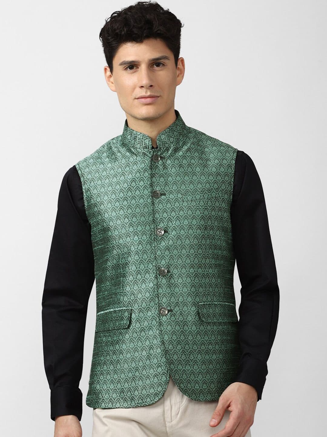 Peter England Elite Men Green Printed Nehru Jackets - view 1