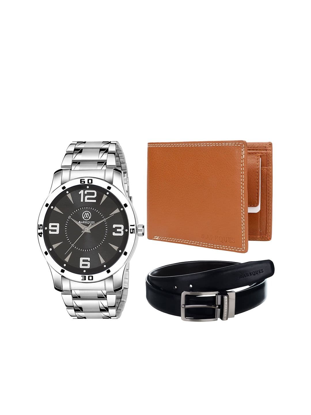 MARKQUES Men Tan ,Black & Sliver-toned Watch, Wallet And Belt Accessory Gift Set - view 1