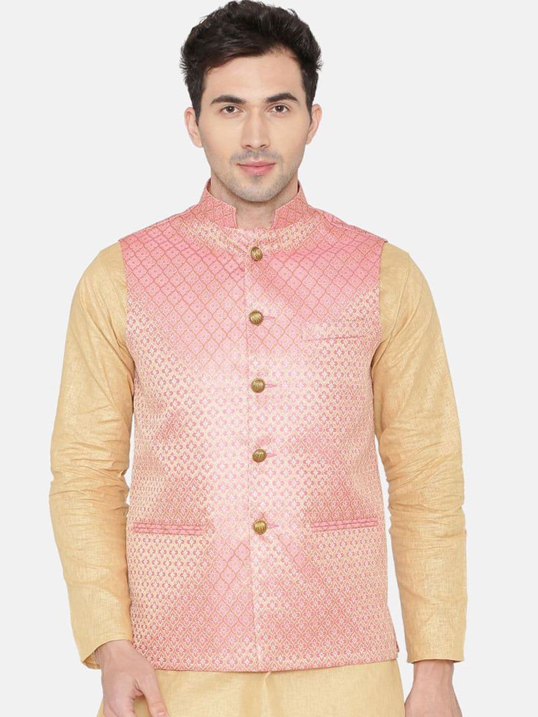 Wintage Men Pink Woven Design Nehru Jacket - view 1