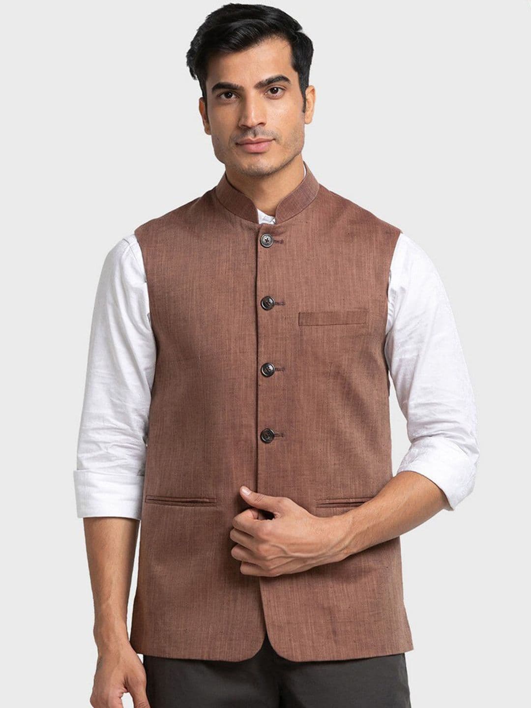 ColorPlus Men Brown Solid Contemporary Fit Nehru Jacket - view 1