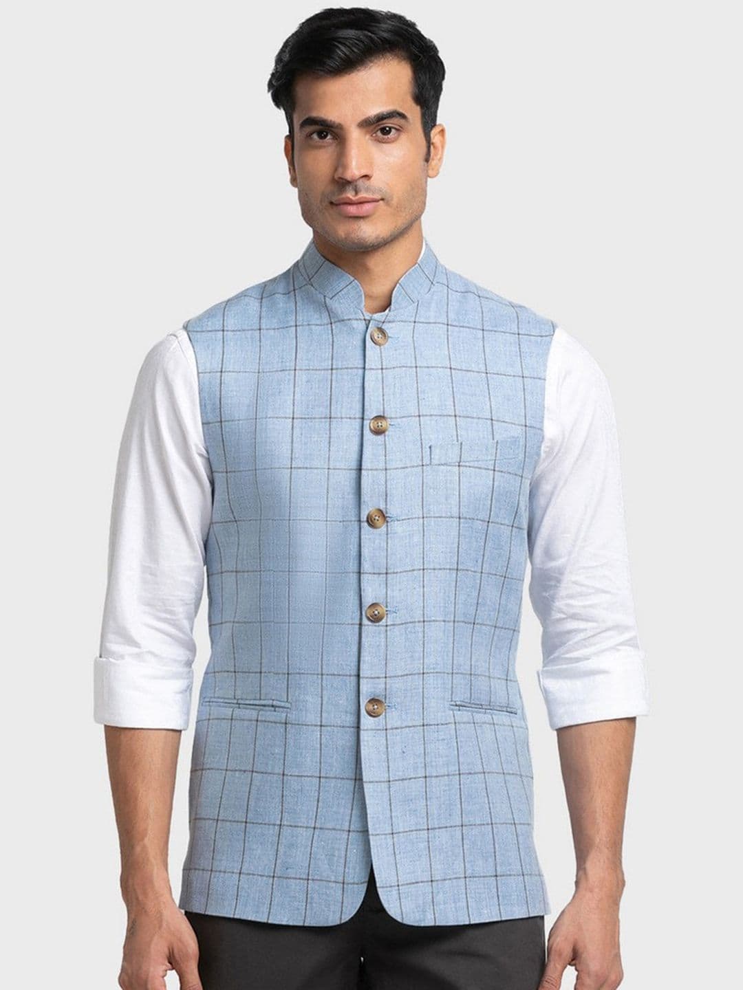 ColorPlus Blue Checked Linen Nehru Jacket - view 1