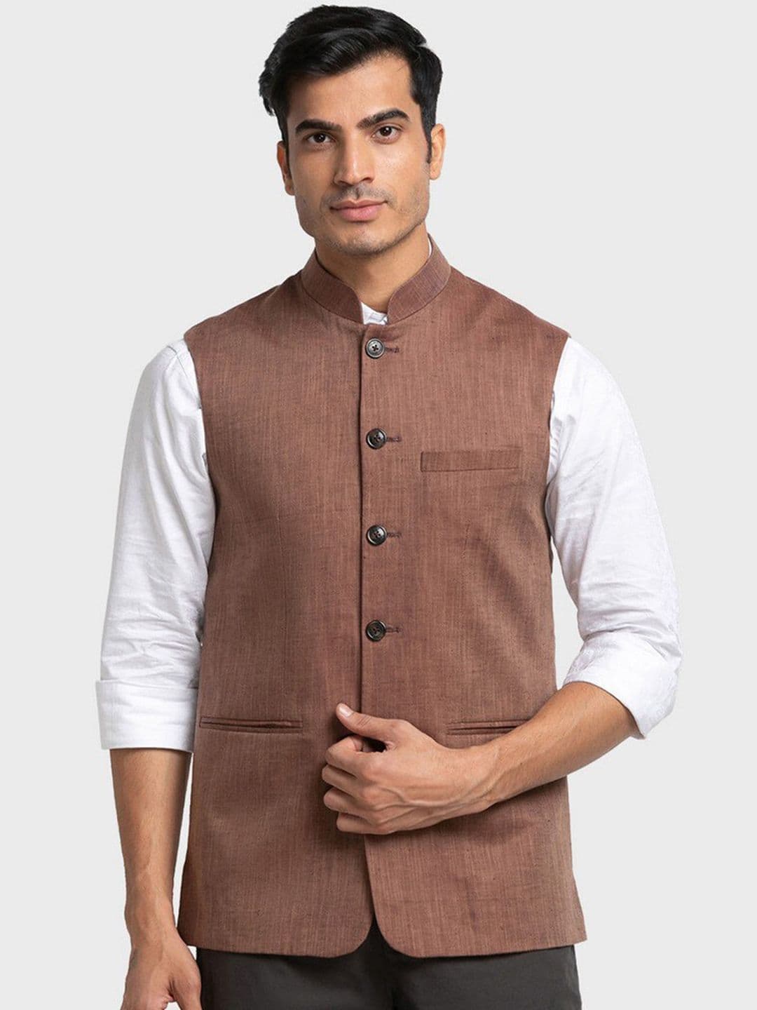 ColorPlus Men Brown Solid Nehru jacket - view 1
