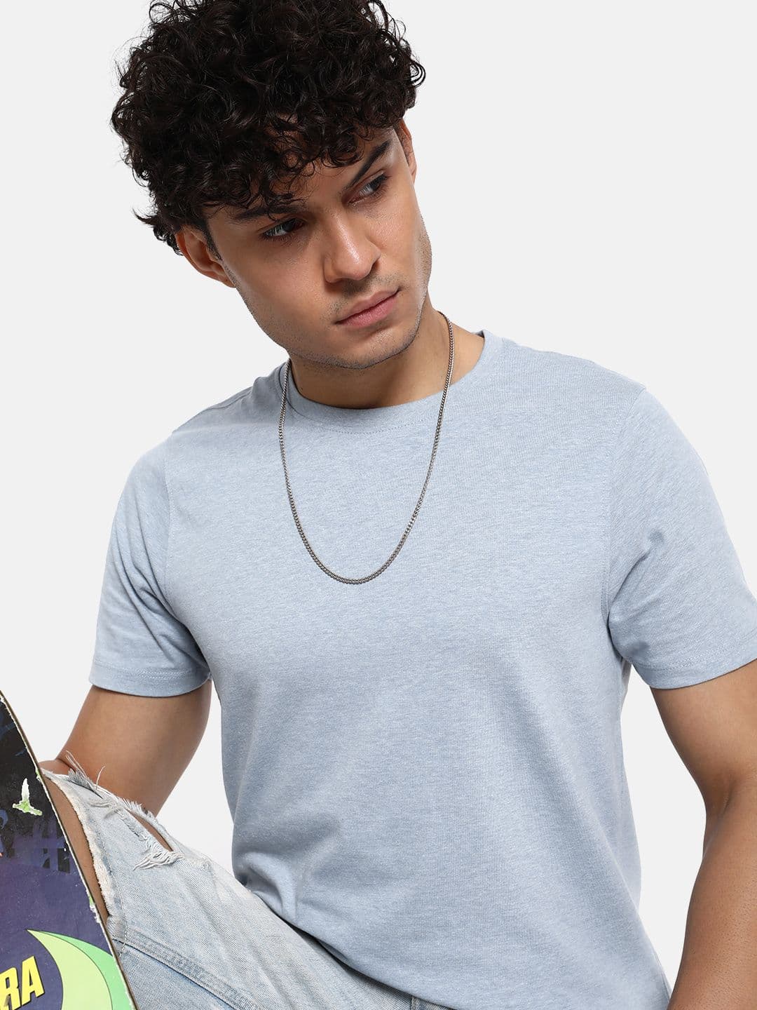 Roadster Men Blue Melange Solid Round Neck T-shirt - view 1