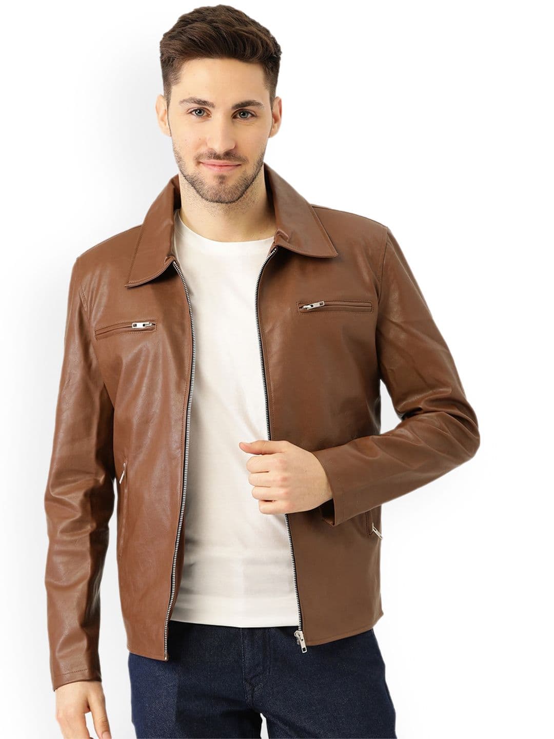 Leather Retail Men Brown Outdoor Biker Jacket - view 1