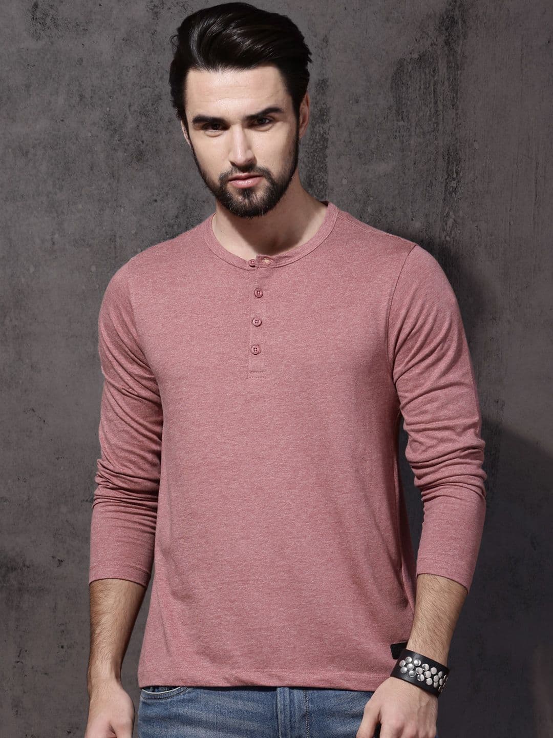 Roadster Men Pink Melange Solid Henley Neck T-shirt - view 1