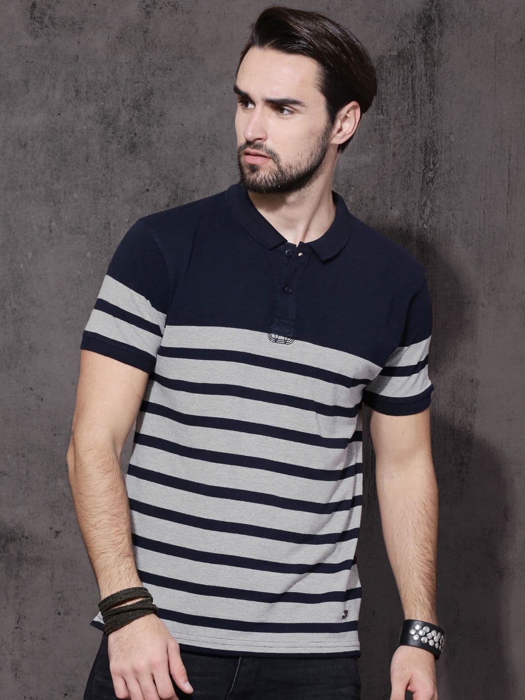 Roadster Men Grey & Navy Blue Striped Polo Collar T-shirt - view 1