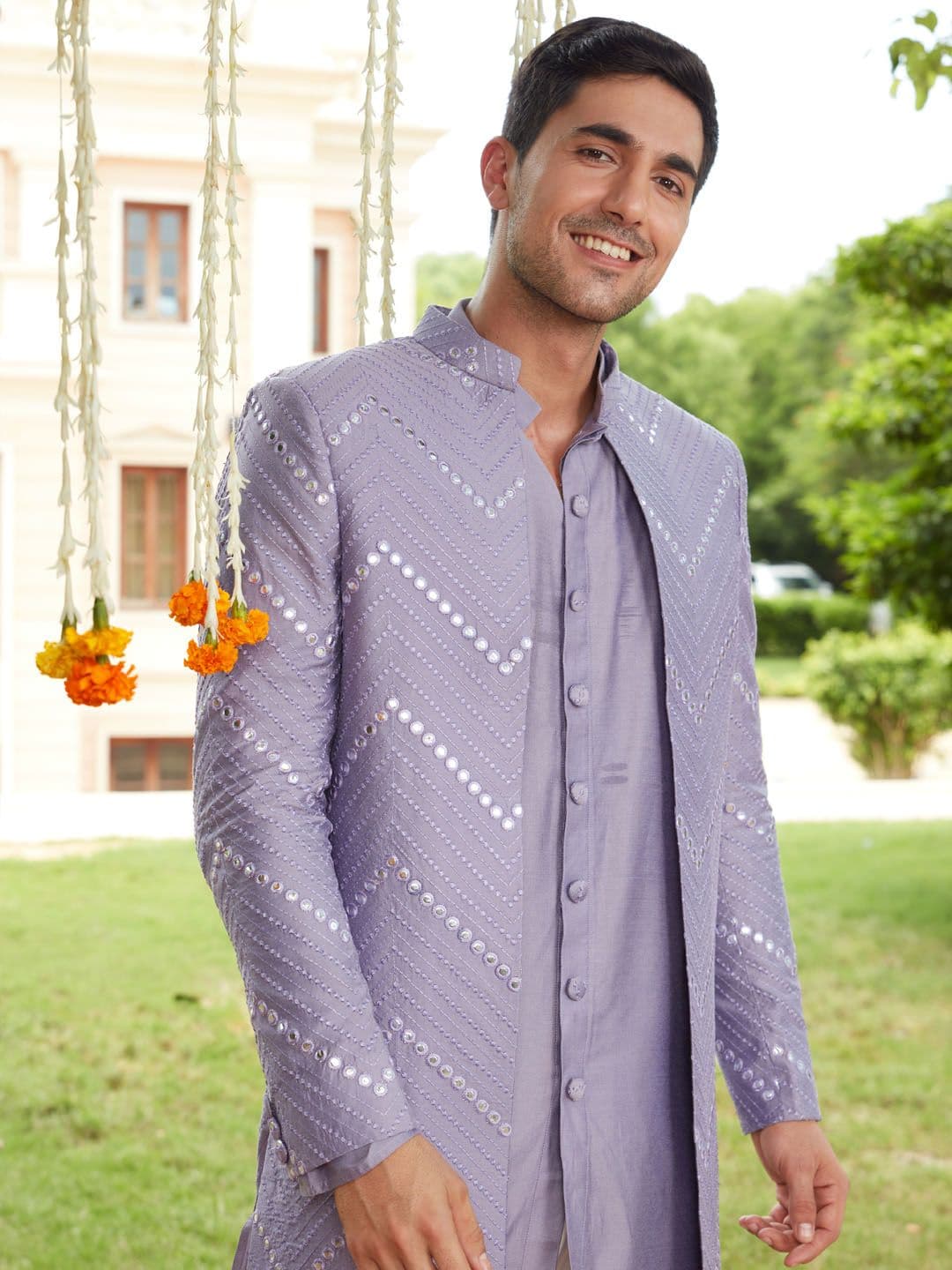 VASTRAMAY Men Purple Mirror Work Front Open Sherwani Over Kurta Pyjama Set - view 1