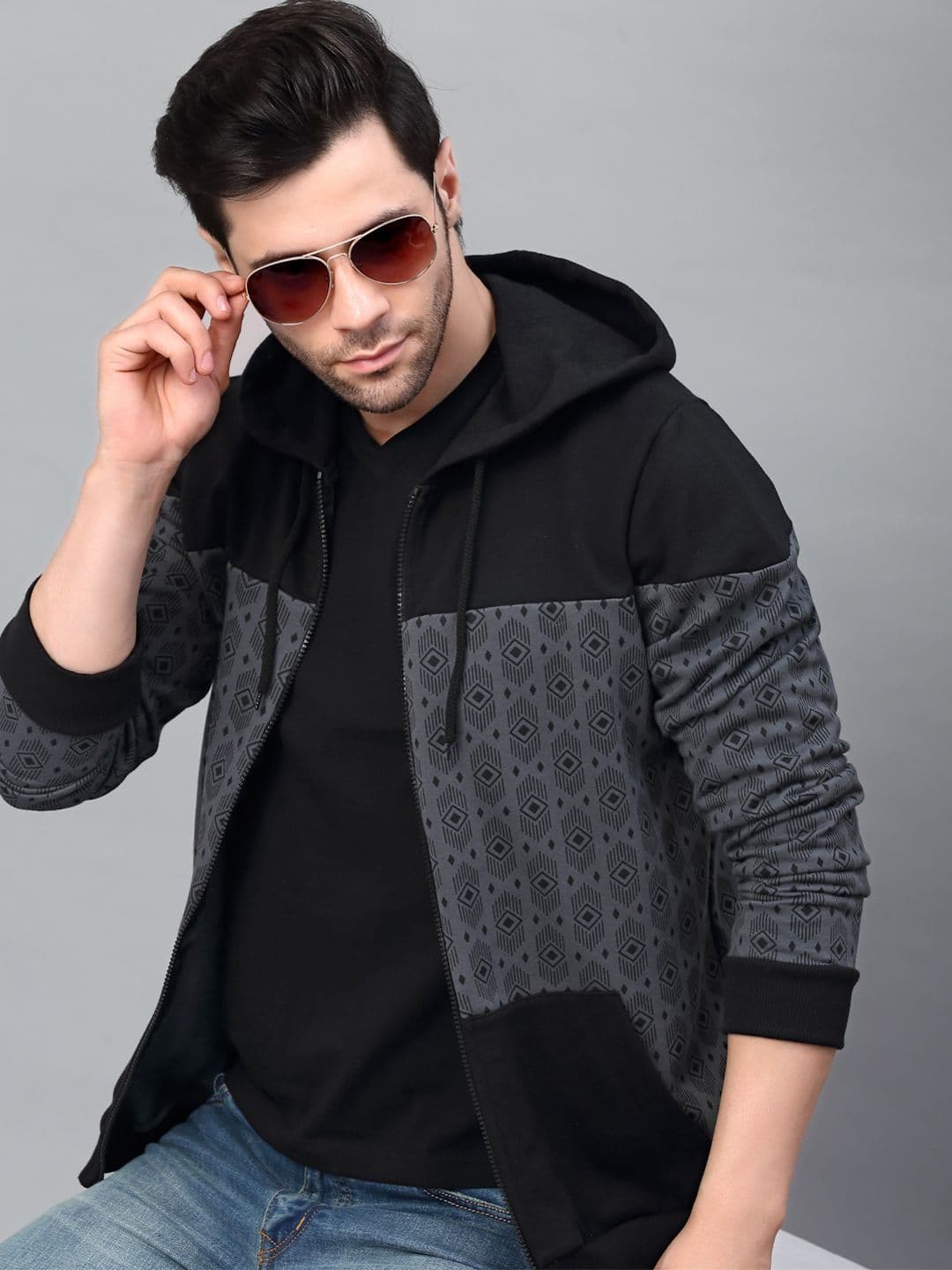 Rigo Men Grey Geometric Colourblocked Fleece Regular Jacket - view 1