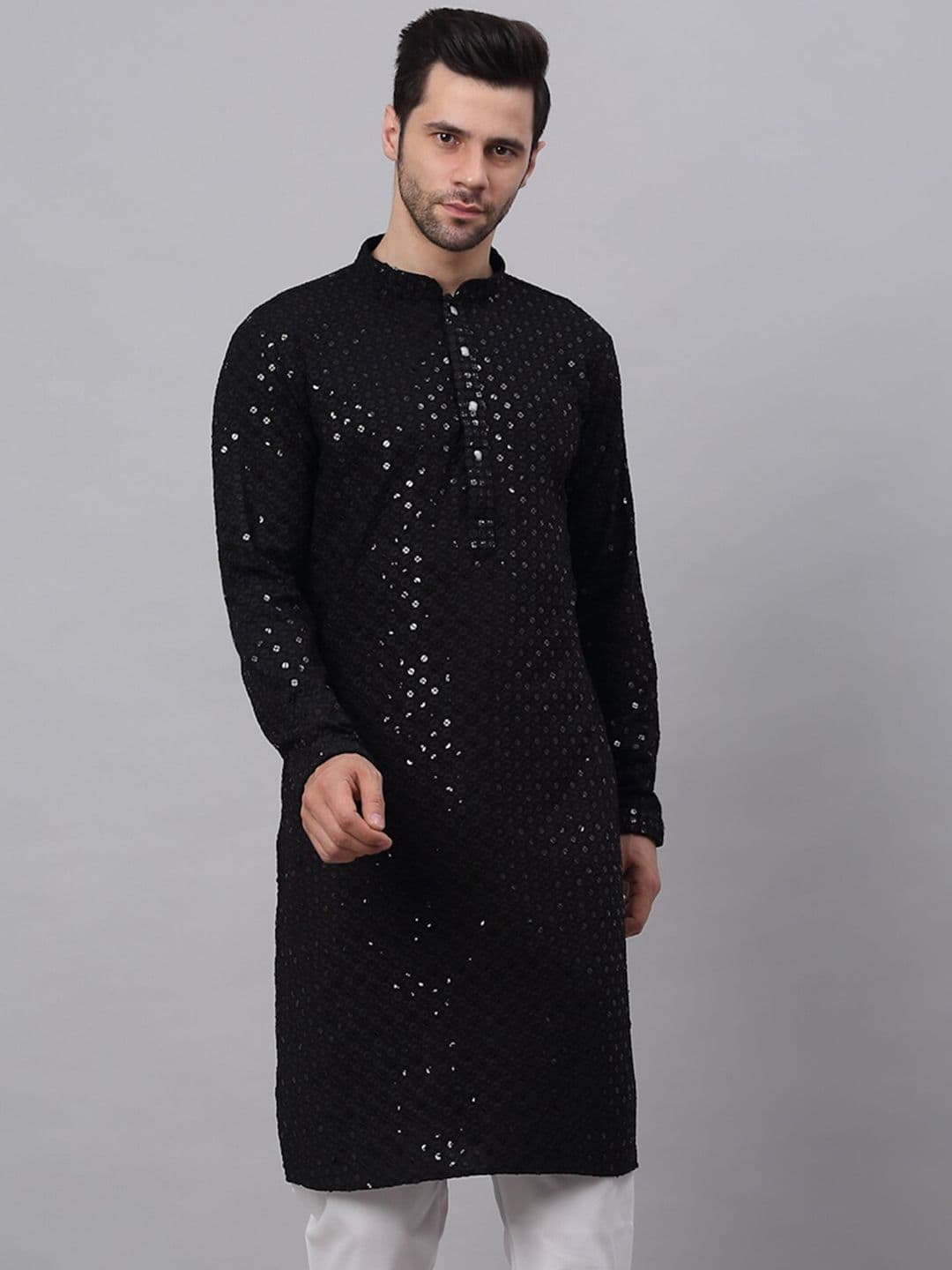 Jompers Men Black Floral Embroidered Sequined Cotton Kurta - view 1