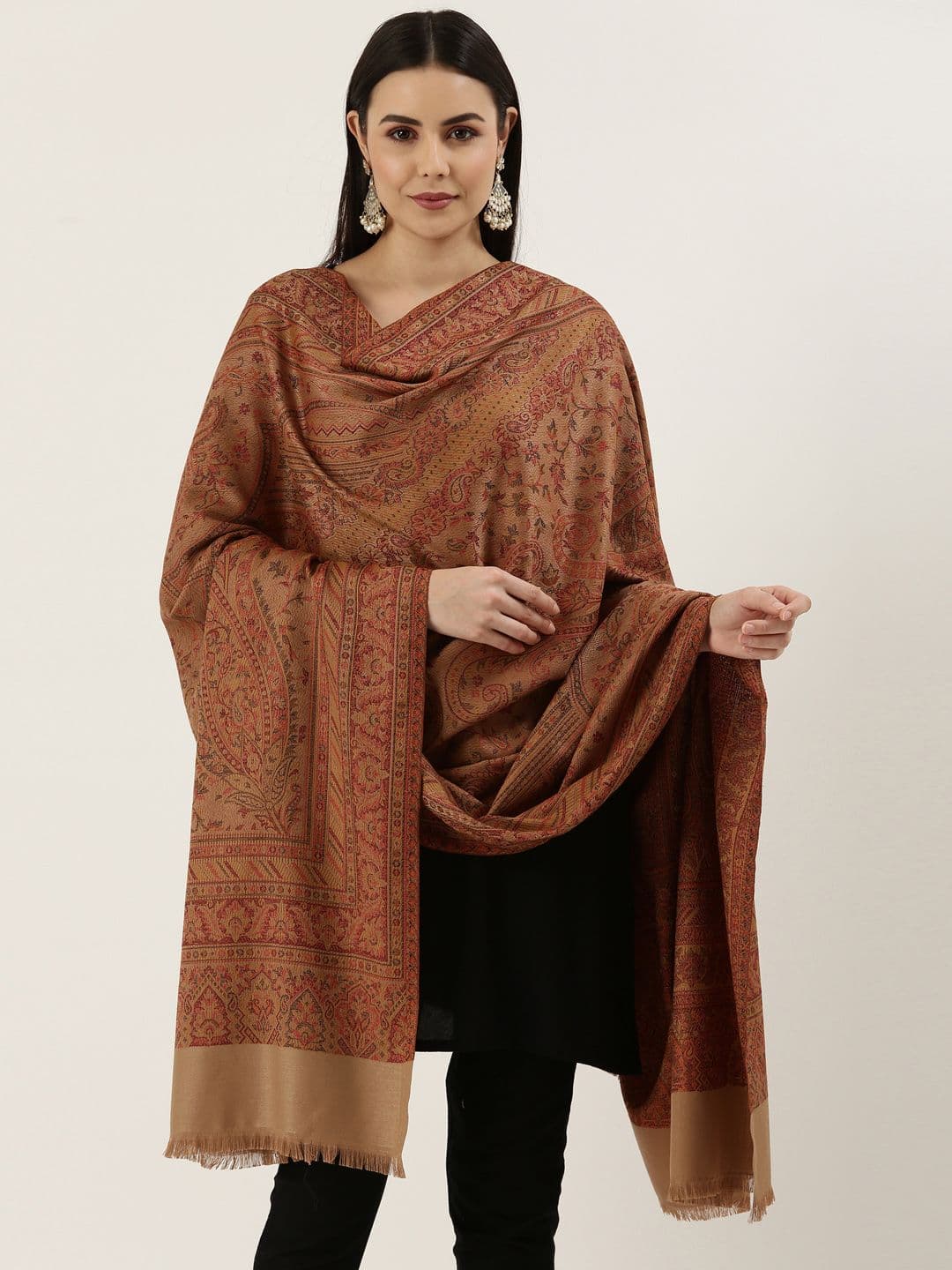 Pashmoda Women Brown Woven Design Jamawar Shawl - view 1