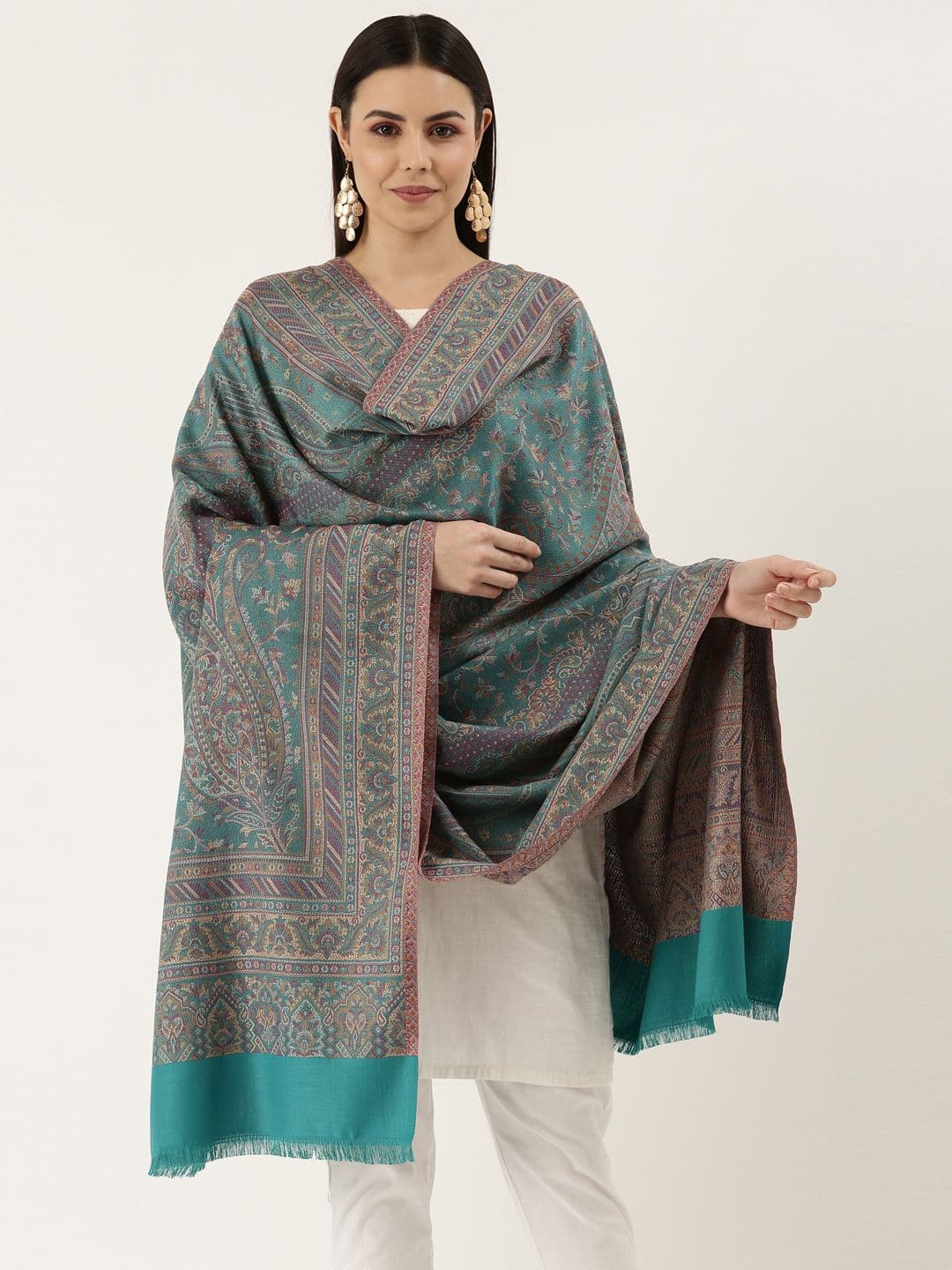 Pashmoda Women Teal Woven Design Wool Jamawar Shawl - view 1