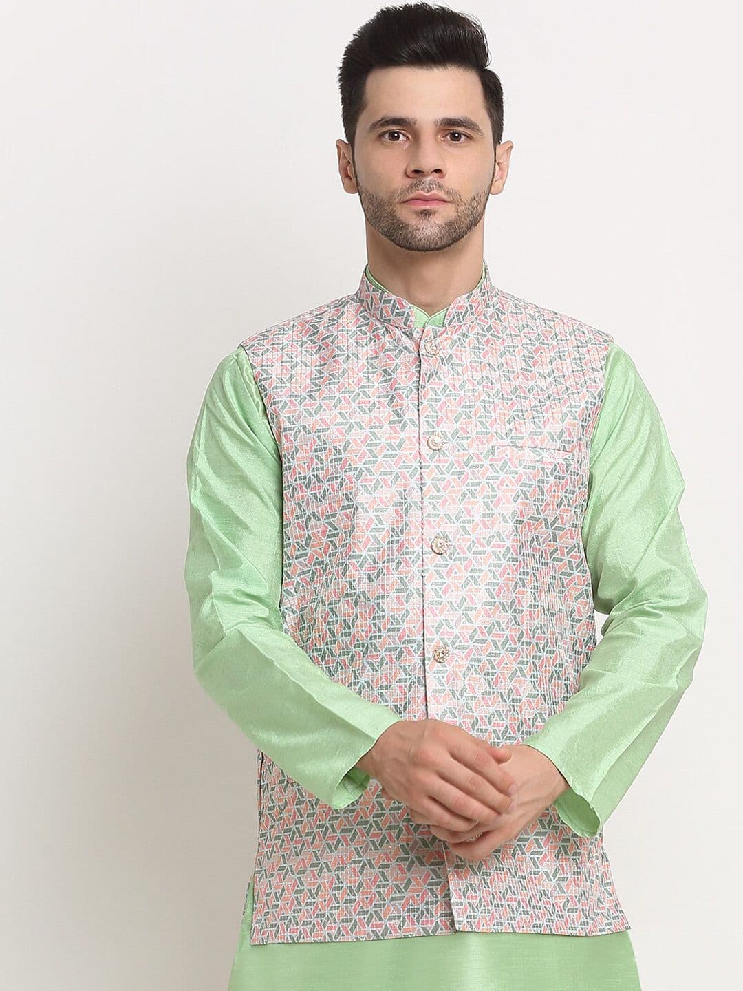 KRAFT INDIA Men Green Woven Design Nehru Jacket - view 1