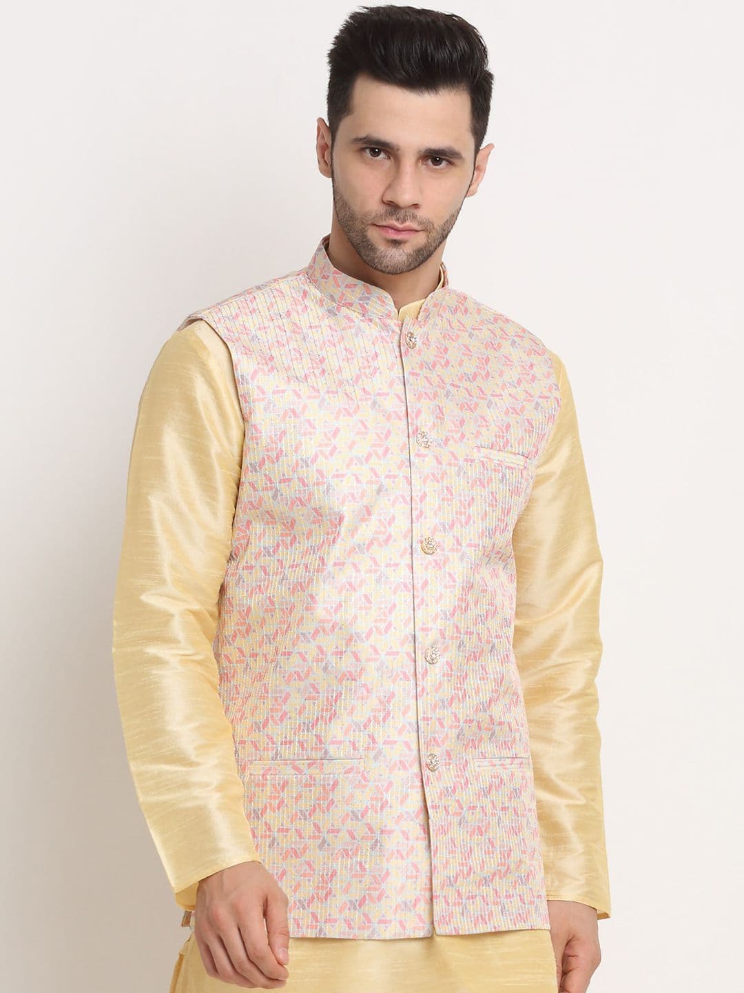 KRAFT INDIA Men Yellow & Pink Printed Nehru Jacket - view 1