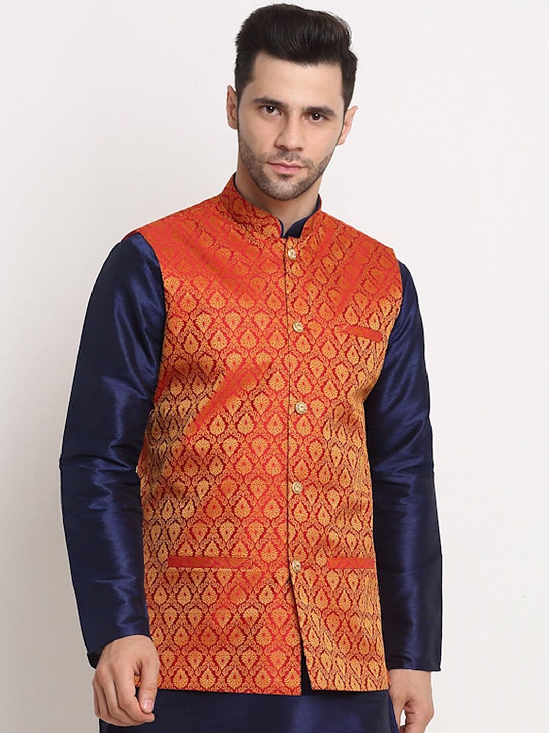 KRAFT INDIA Men Red & Gold-Toned Ethnic Motifs Jacquard Nehru Jacket - view 1
