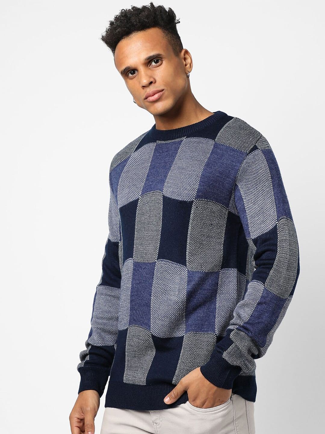 CAHOOT Men Navy Blue & Grey Checked Pullover Regular Fit Casual Sweater - view 1