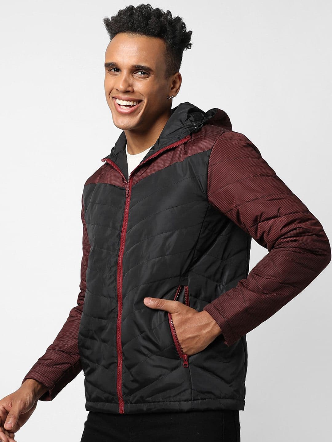 CAHOOT Men Black Maroon Colourblocked Windcheater Outdoor Open Front Jacket - view 1