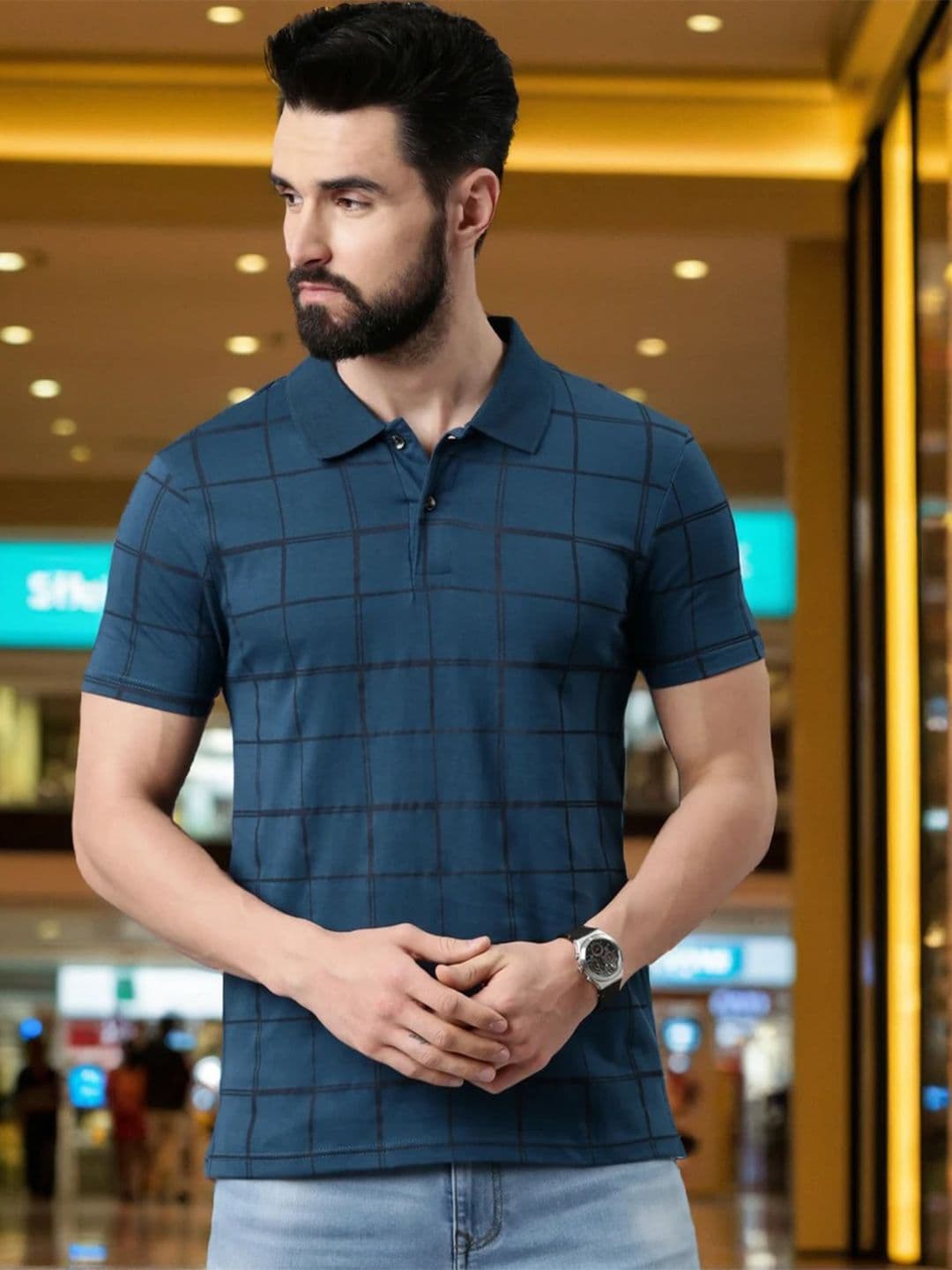 Kryptic Men Blue Checked Pure Cotton Polo Collar T-shirt - view 1