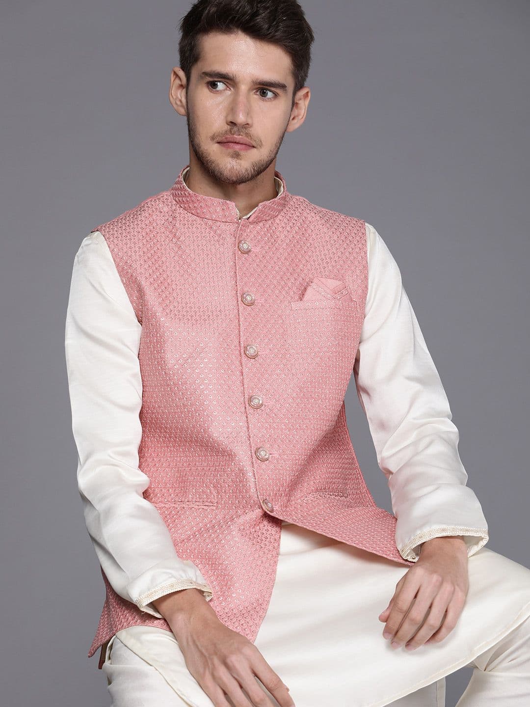 Manyavar Woven Design Pure Silk Nehru Jacket - view 1