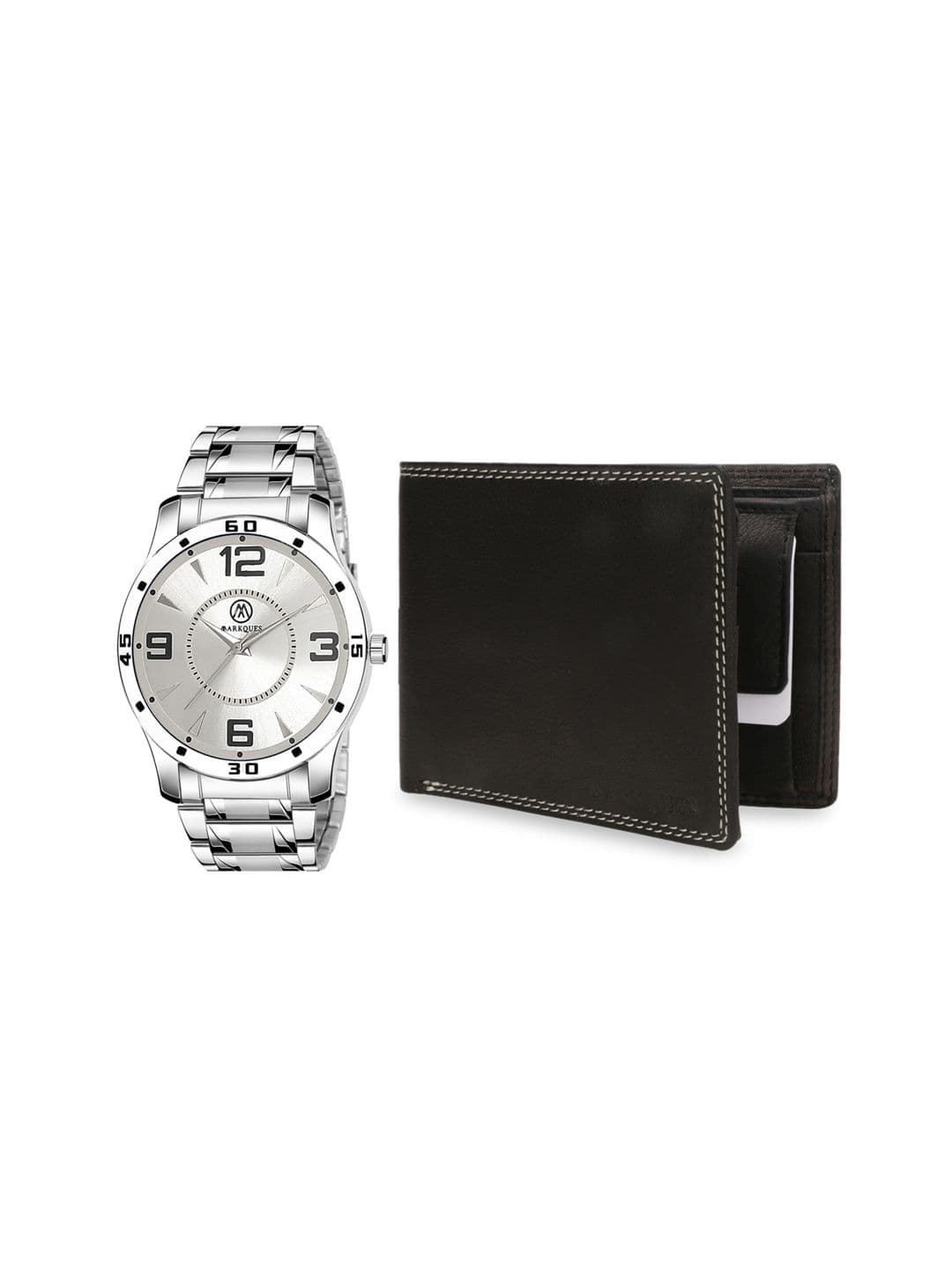 MARKQUES Men Silver Toned & Black Analouge Watch & Wallet Combo Set - view 1