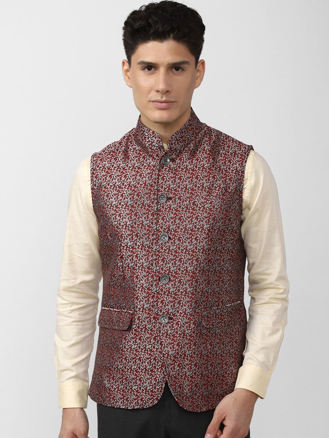 Peter England Elite Men Maroon Floral Printed Nehru Jacket - view 1