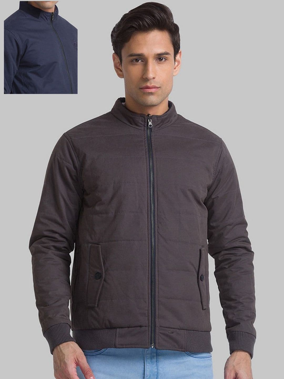 Raymond Men Brown & Navy Blue Reversible Activewear Bomber Jacket - view 1