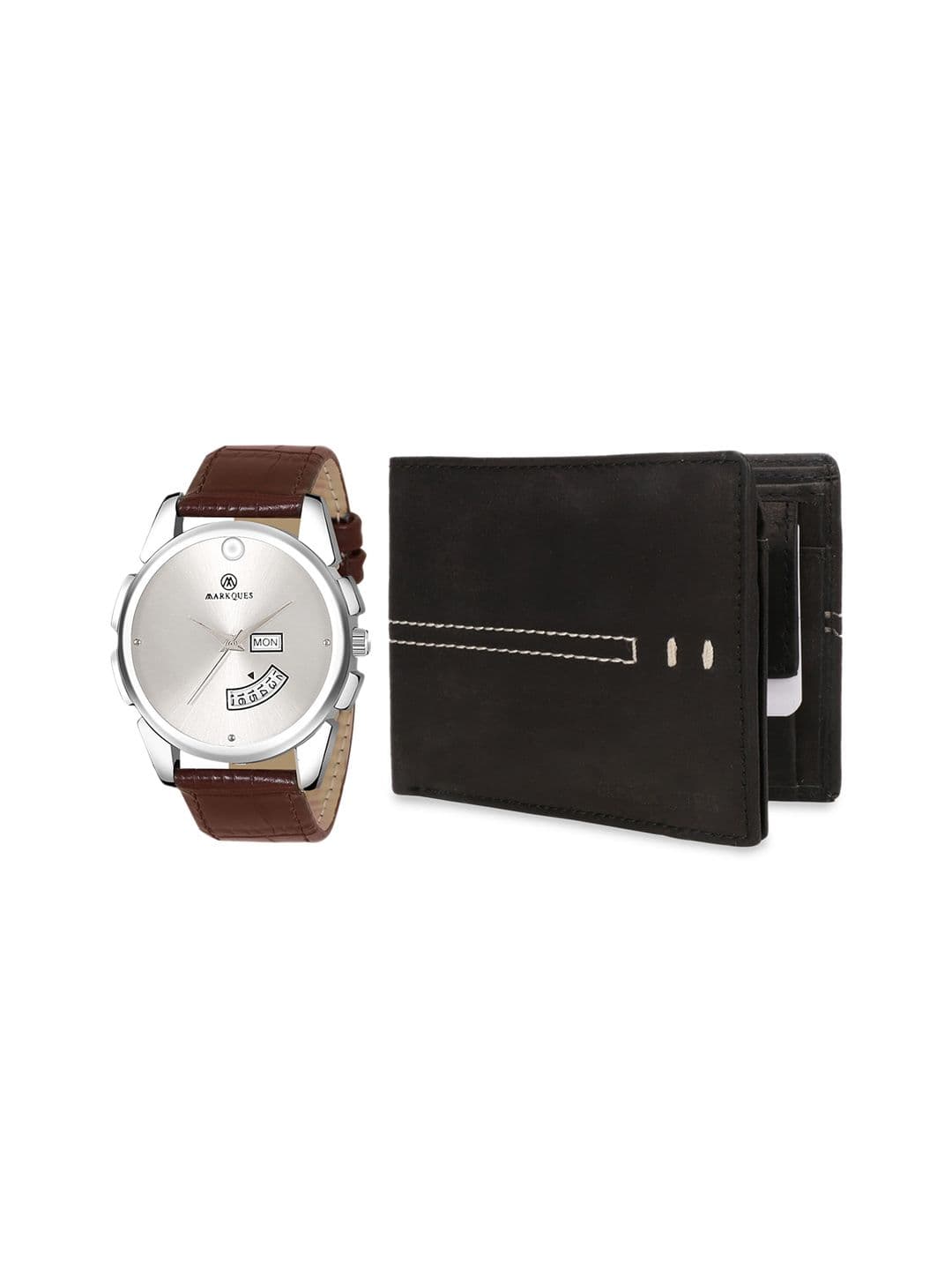 MARKQUES Men Black Leather Wallet & Brown Watch Combo Gift Set - view 1