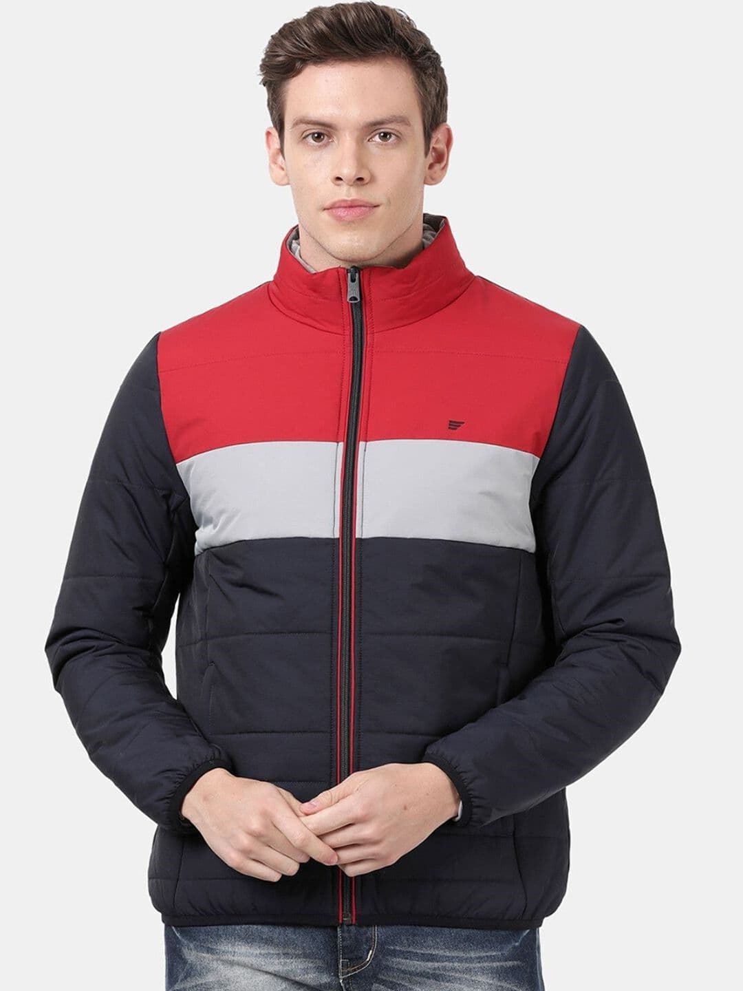 t-base Men Navy Blue Red Colourblocked Windcheater Puffer Jacket - view 1