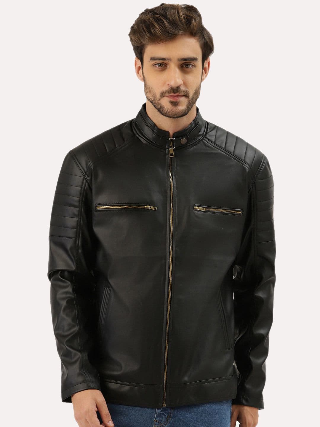 Leather Retail Men Black Outdoor Biker Jacket - view 1