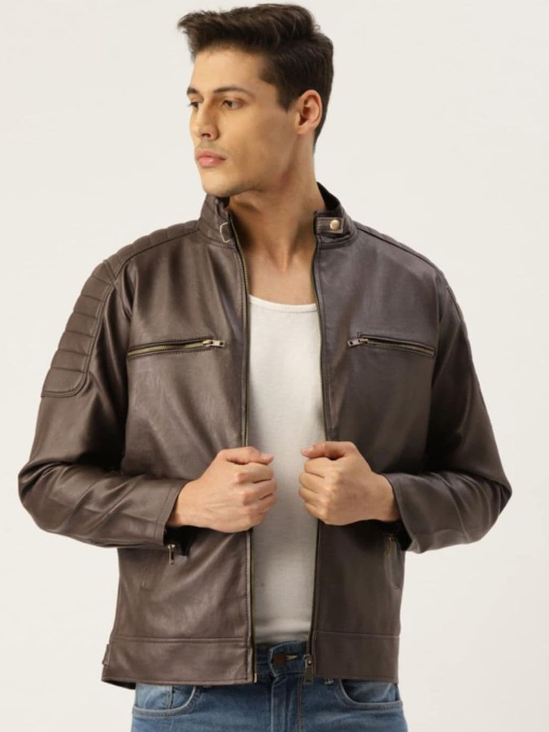 Leather Retail Men Coffee Brown Leather Retail Teakwood Faux Leather Biker Jacket - view 1