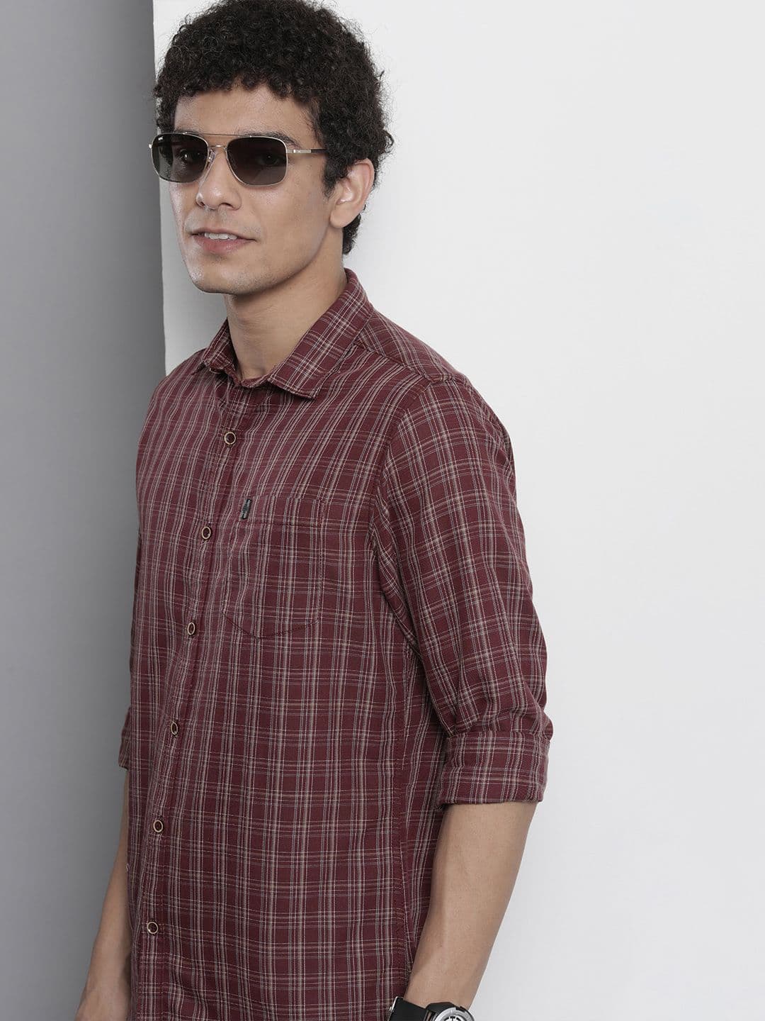 The Indian Garage Co Men Burgundy & Beige Checked Cotton Casual Shirt - view 1