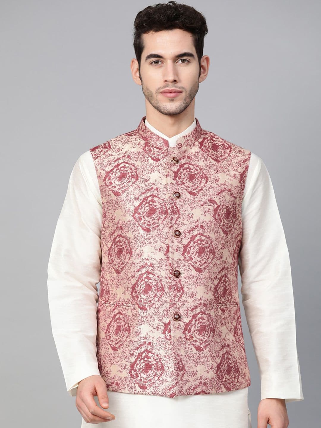 MANQ Men Woven-Design Jaquard Silk Nehru Jacket - view 1