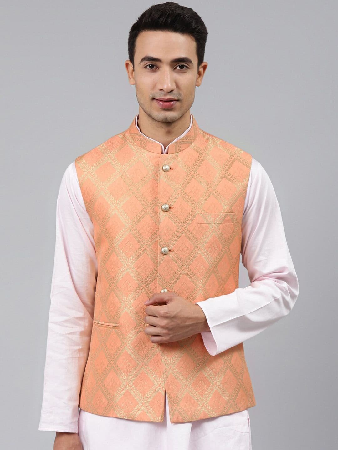 MANQ Men Woven-Design Jaquard Silk Nehru Jacket - view 1