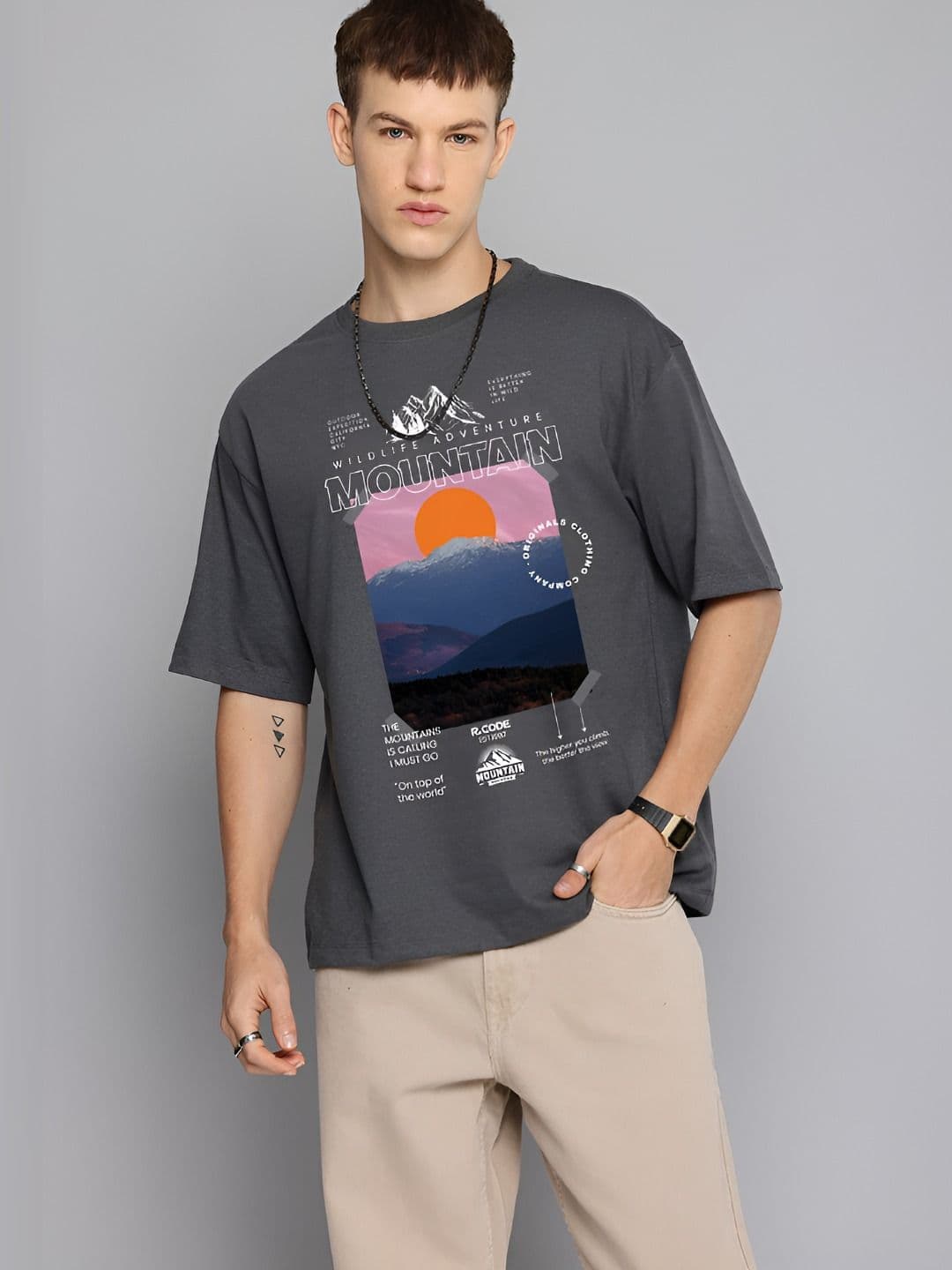 R.Code by The Roadster Life Co. The Roadster Lifestyle Co. Men Graphic Printed Round Neck Cotton Oversized T-shirt - view 1