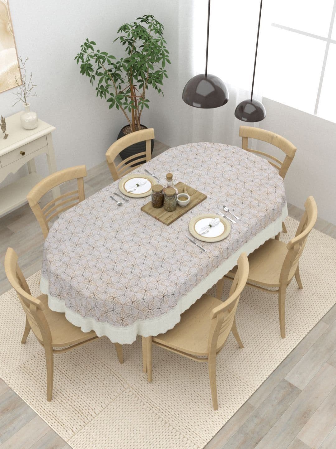 Clasiko Beige & White Geometric Printed Anti Slip Oval 6 Seater Table Cover - view 1