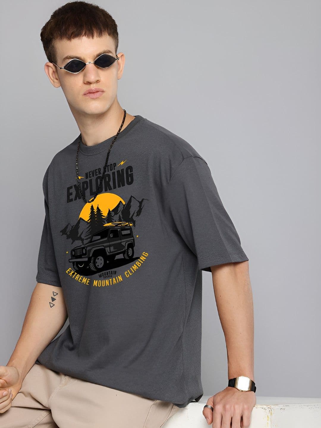 R.Code by The Roadster Life Co. The Roadster Lifestyle Co. Men Graphic Printed Round Neck Cotton Oversized T-shirt - view 1