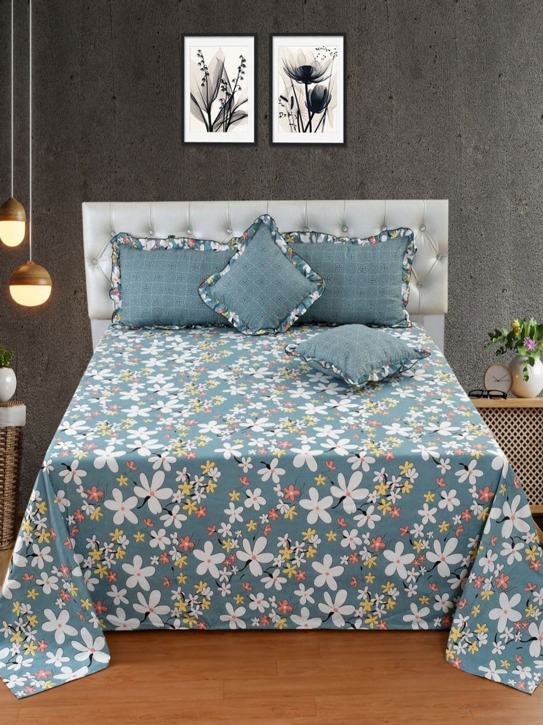 BREVARD Blue & White Floral 5 Pieces Cotton Frill Double King Regular Bedding Set - view 1