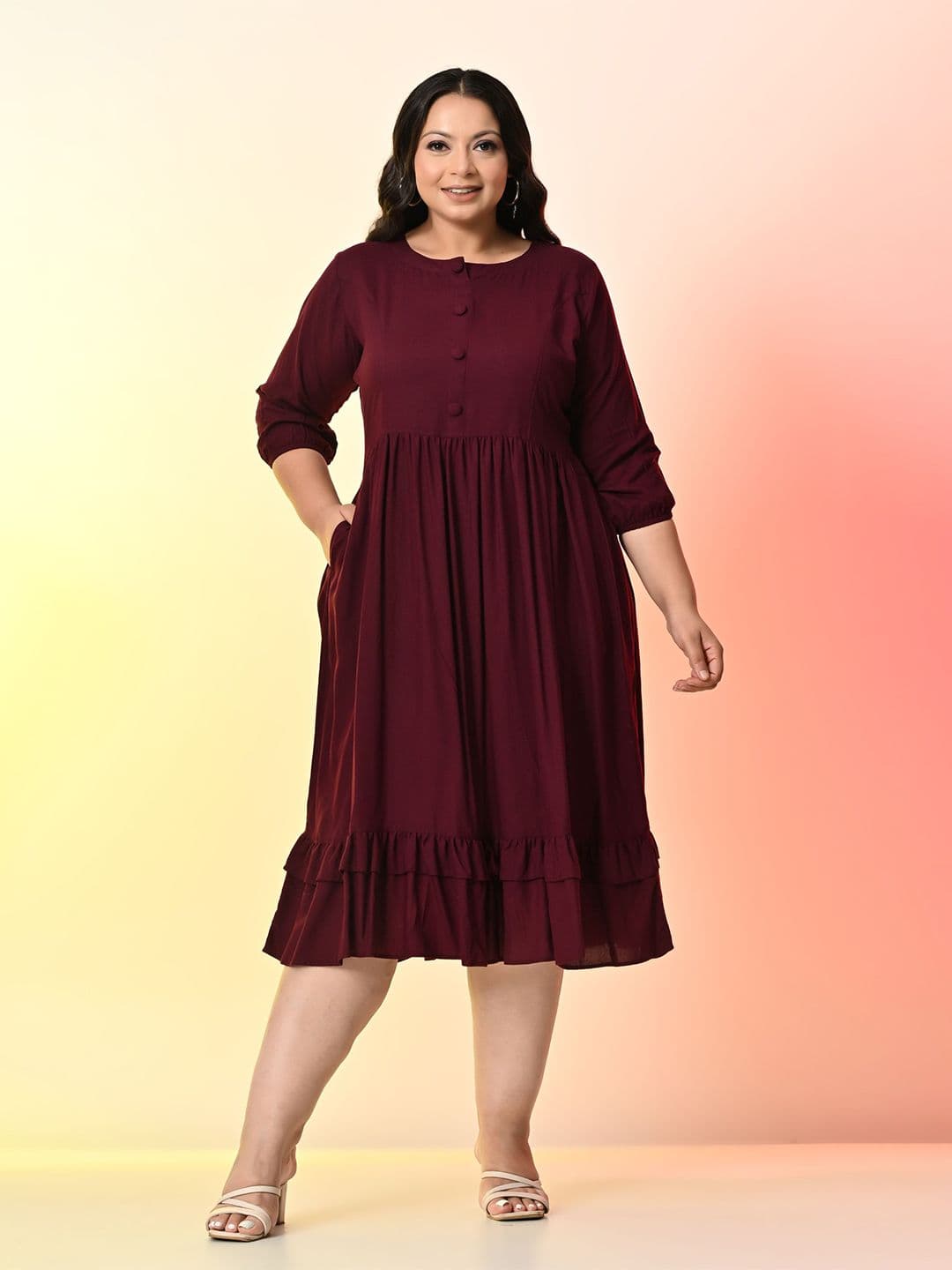 PrettyPlus by Desinoor.com Plus Size Puff Sleeve Fit & Flare Midi Dress - view 1