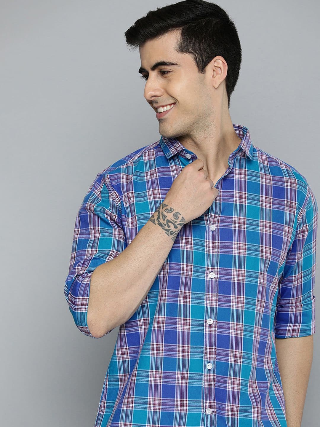 Mast & Harbour Men Blue And Violet Slim Fit Checked Cotton Casual Shirt - view 1