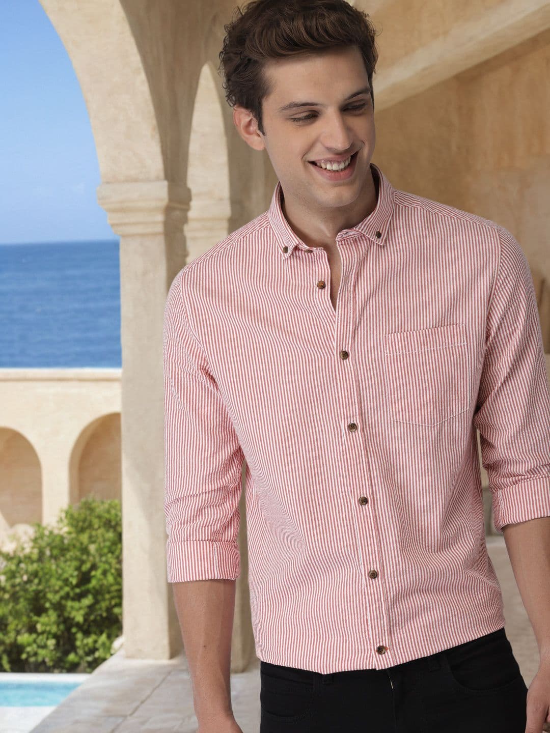 Mast & Harbour Men Pink & White Slim Fit Striped Casual Shirt - view 1