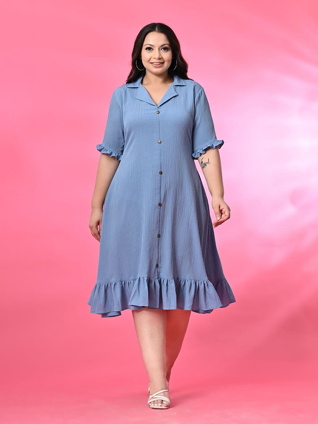 PrettyPlus by Desinoor.com Plus Size Lapel Collar A-Line Midi Dress - view 1